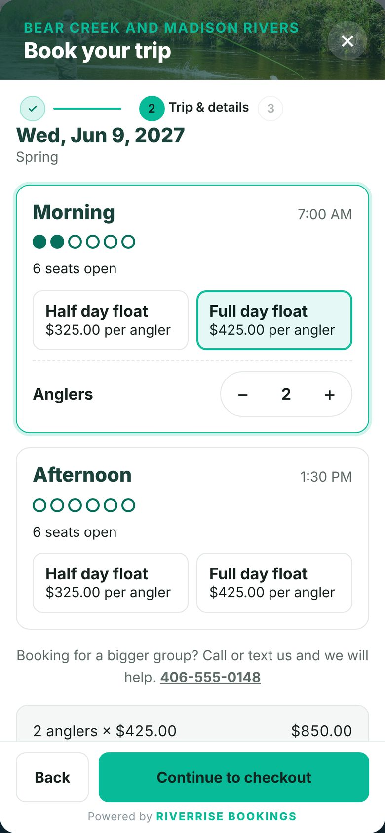 Choosing a trip and group in the booking window
