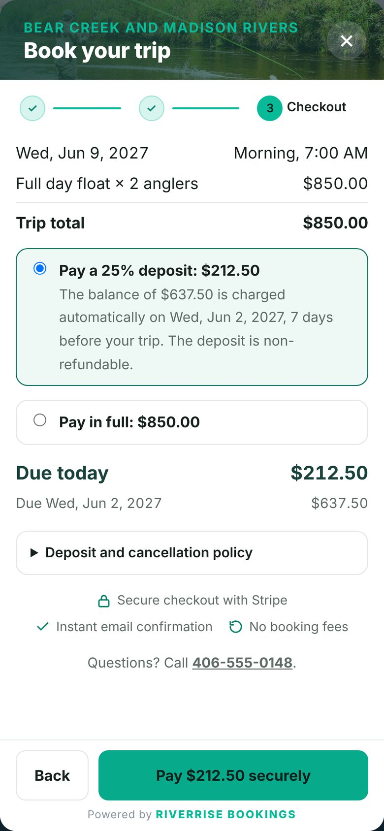 Checkout showing the deposit due today and the balance date